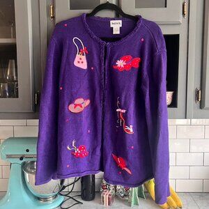 Bon Worth Sweater Womens Small Purple Hats Shoes Purses Embroidered Pink Red